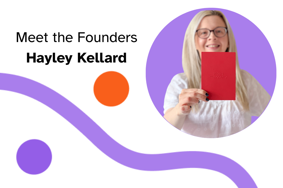 Photo of Hayley Kellard floats inside a purple circle with Never Grey branding.